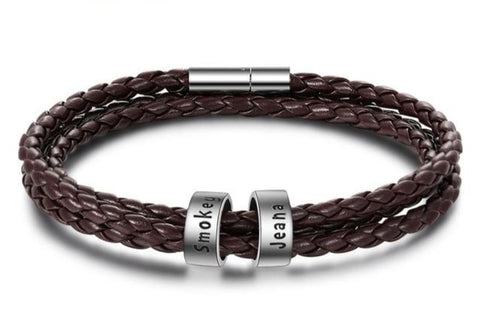 Men's Double Braided Leather and 925 Sterling Silver Personalized Custom Beads