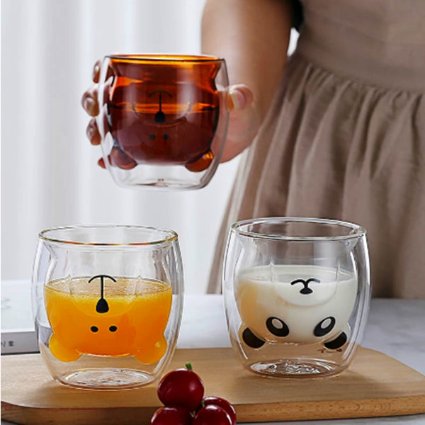 JINYOUJIA-Cute Animal Glass Mugs, Double Layer Wall, Heat Resistance Cup,  Milk, Coffee, Tea, Juice, Valentine's